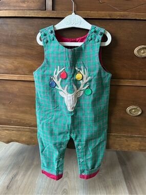 Green Plaid Reindeer Applique Baby Romper with Red Trim